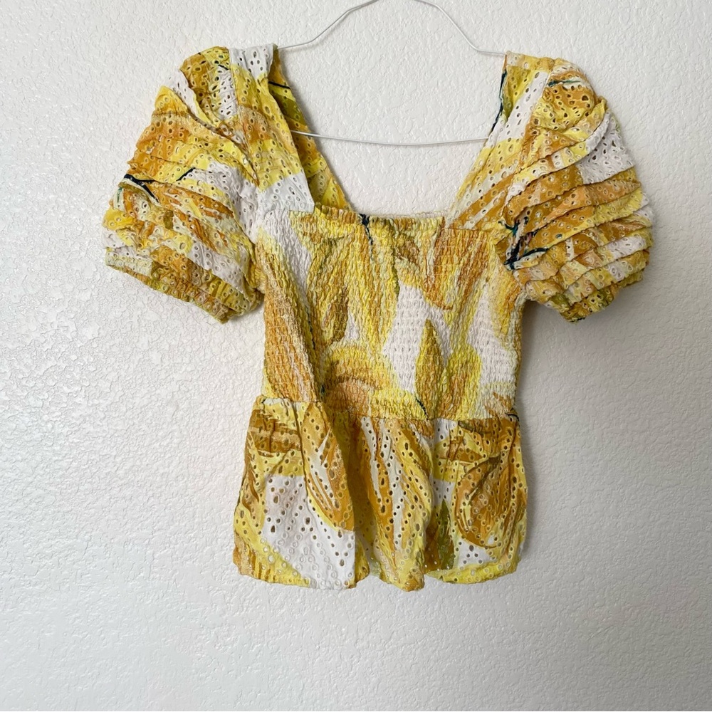 Farm Rio Crochet Eyelet Floral Azalea Smocked Square Neck Top